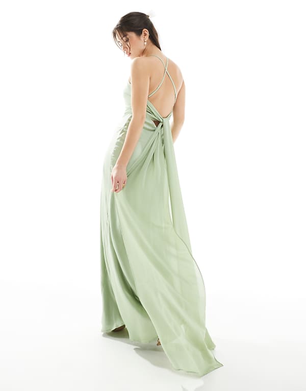 TFNC Bridesmaid cami satin maxi dress with chiffon tie back in sage