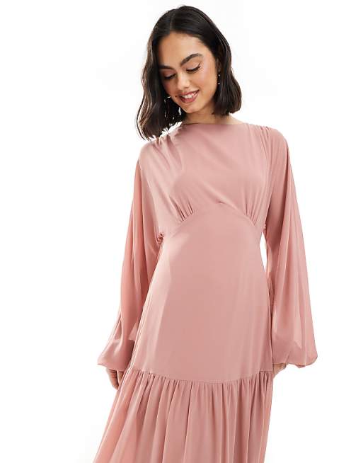 TFNC Bridesmaid Chiffon Maxi Dress With Tiered Skirt In Dusky Pink