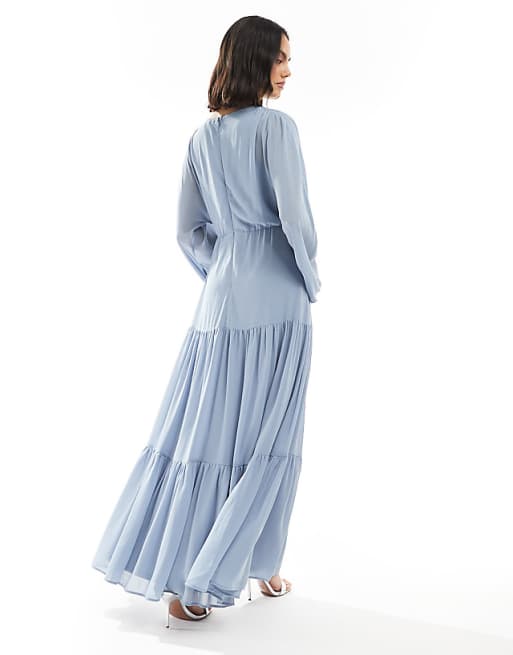 TFNC Bridesmaid Chiffon Maxi Dress With Tiered Skirt In Dusty Blue
