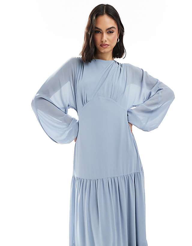 TFNC Bridesmaid Chiffon Maxi Dress With Tiered Skirt In Dusty Blue