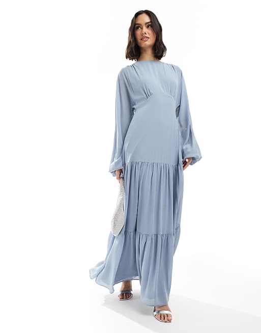 TFNC Bridesmaid chiffon maxi dress with tiered skirt in dusty blue