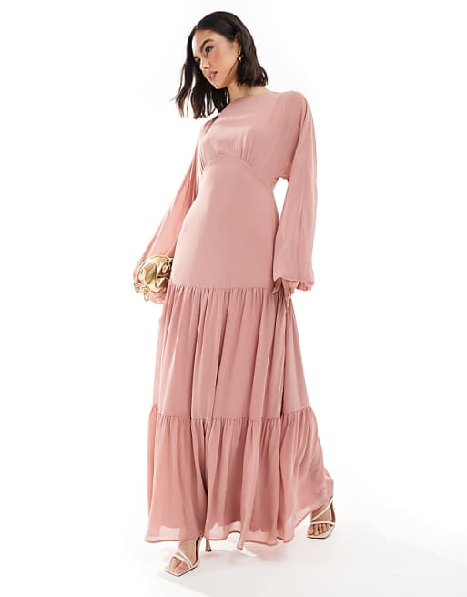 TFNC Bridesmaid chiffon maxi dress with tiered skirt in dusky pink