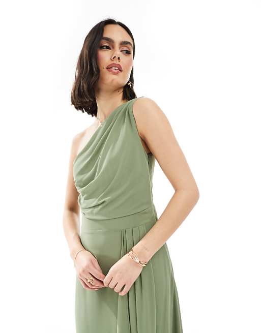 TFNC Bridesmaid Chiffon Maxi Dress With Wrap Skirt In Dark Green