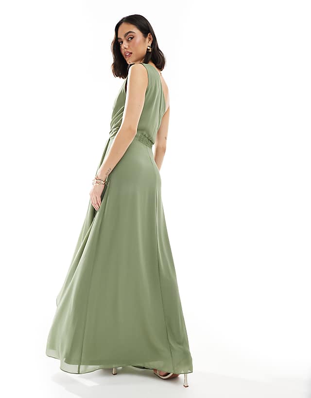 TFNC Bridesmaid Chiffon Maxi Dress With Wrap Skirt In Dark Green