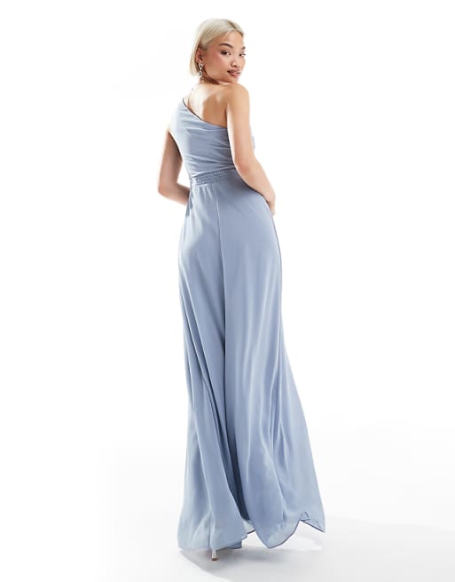 TFNC Bridesmaid Chiffon Maxi Dress With Wrap Skirt In Dusty Blue