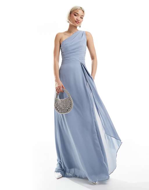 TFNC Bridesmaid chiffon maxi dress with wrap skirt in dusty blue