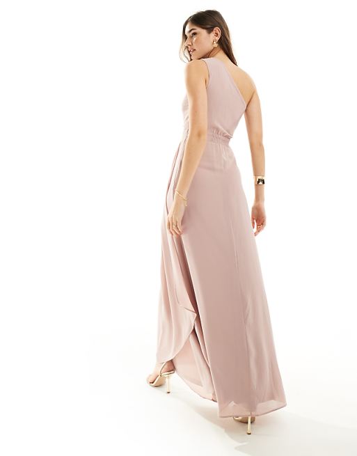 TFNC Bridesmaid Chiffon One Shoulder Drape Maxi Dress In Soft Pink