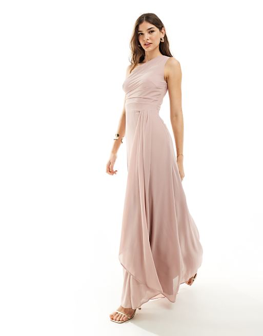 TFNC Bridesmaid Chiffon One Shoulder Drape Maxi Dress In Soft Pink