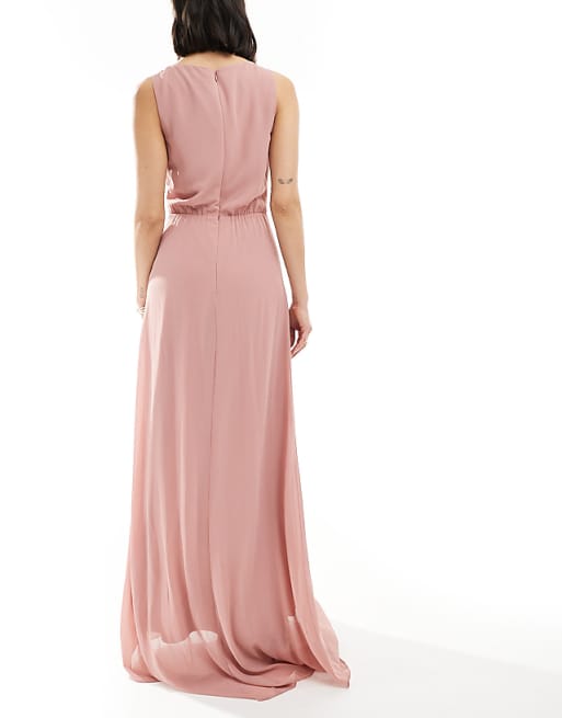 TFNC Bridesmaid Chiffon Wrap Front Maxi Dress With Wrap Skirt In Dusky Pink