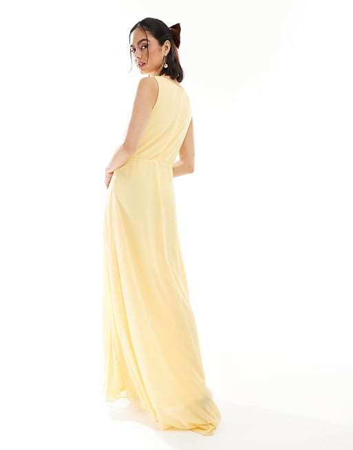 TFNC Bridesmaid Chiffon Wrap Front Maxi Dress With Wrap Skirt In Lemon