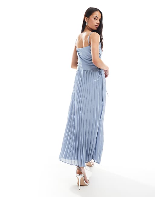 TFNC Bridesmaid Cowl Neck Maxi Dress With Pleated Skirt In Dusty Blue