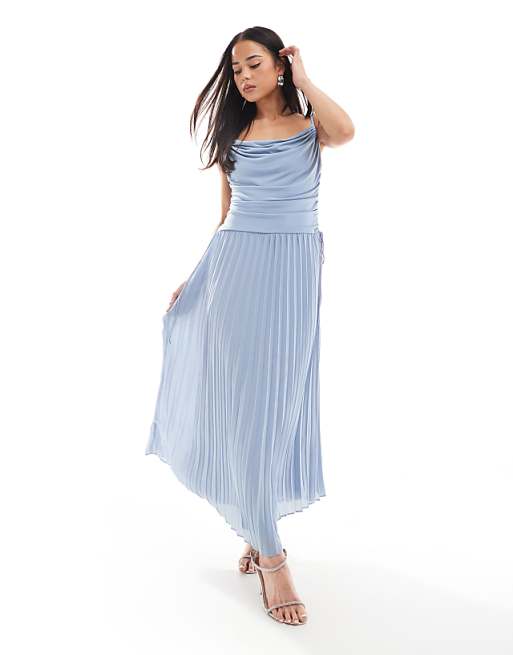 TFNC Bridesmaid cowl neck maxi dress with pleated skirt in dusty blue