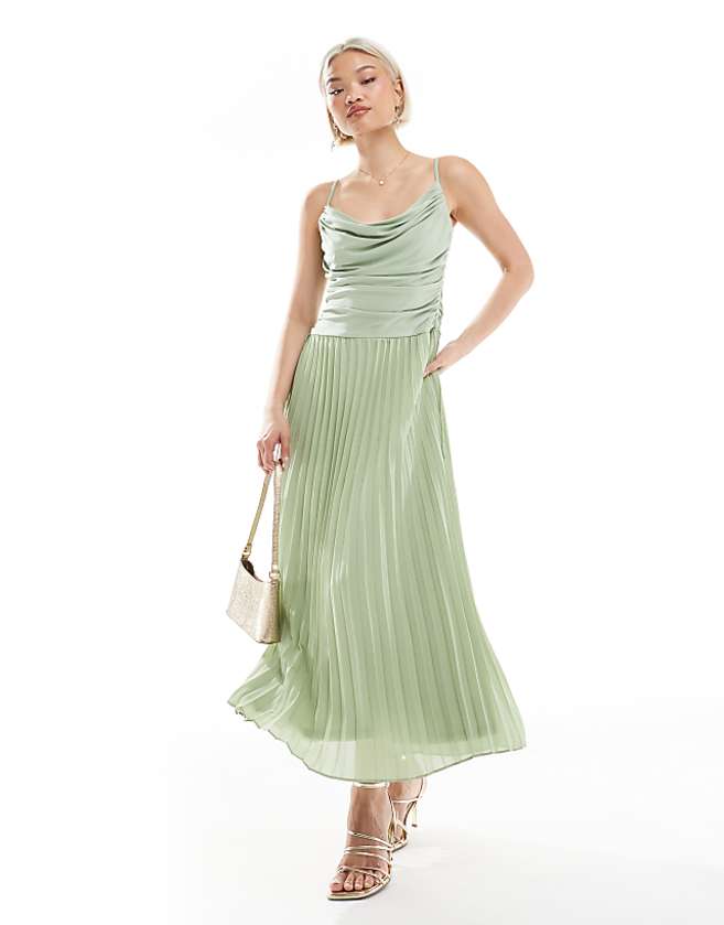 TFNC Bridesmaid Cowl Neck Maxi Dress With Pleated Skirt In Sage Green