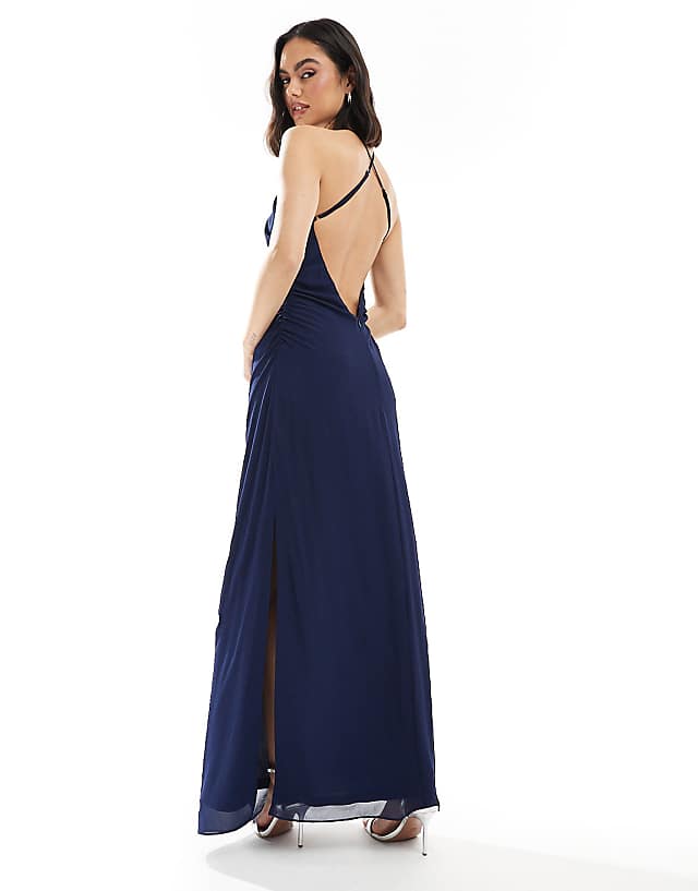 TFNC Bridesmaid Cross Front Maxi Dress With Cowl Back In Navy