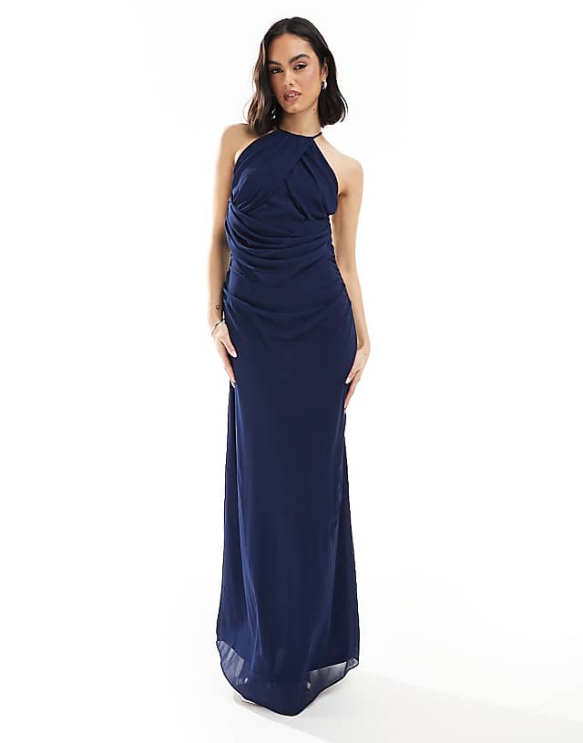 TFNC Bridesmaid Cross Front Maxi Dress With Cowl Back In Navy