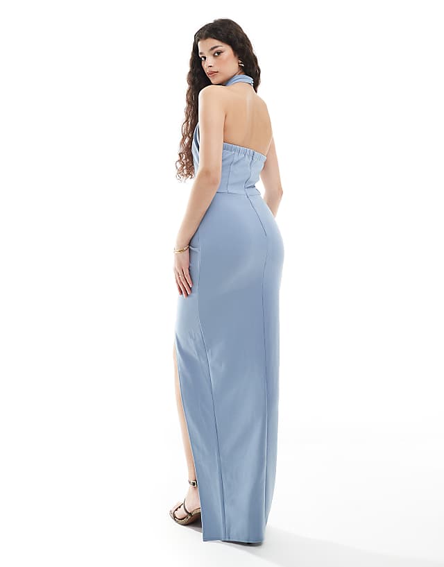 TFNC Bridesmaid Cross Front Maxi Dress With Twist Detail In Dusty Blue