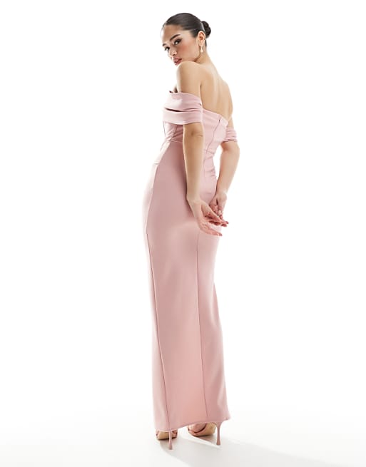 TFNC Bridesmaid Fallen Shoulder Maxi Dress With Split In Dusky Pink