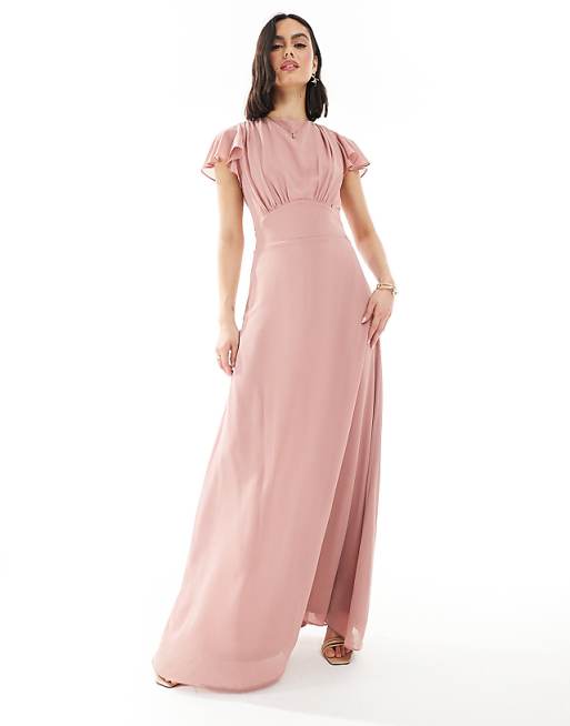 TFNC Bridesmaid Flutter Sleeve Cowl Back Chiffon Maxi Dress In Dusky Pink