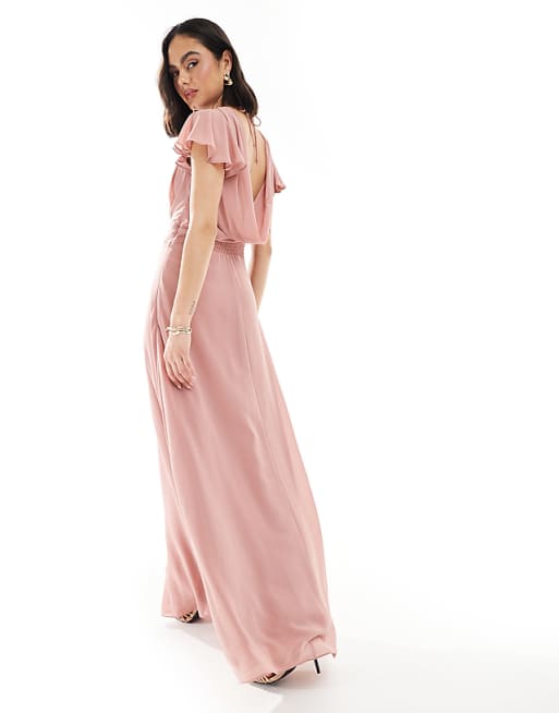TFNC Bridesmaid Flutter Sleeve Cowl Back Chiffon Maxi Dress In Dusky Pink
