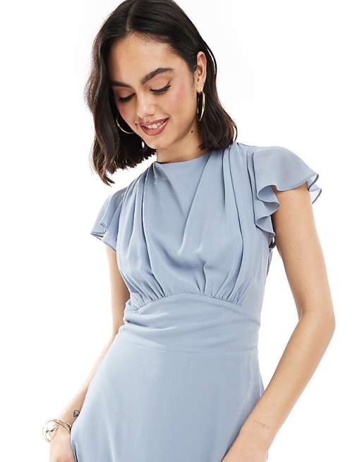 TFNC Bridesmaid Flutter Sleeve Cowl Back Chiffon Maxi Dress In Dusty Blue