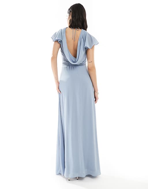 TFNC Bridesmaid Flutter Sleeve Cowl Back Chiffon Maxi Dress In Dusty Blue