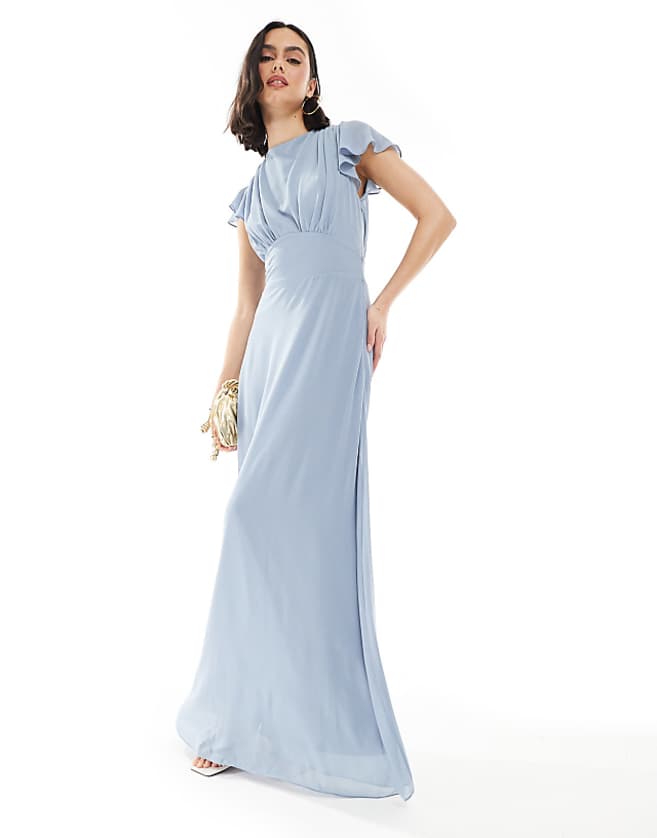 TFNC Bridesmaid flutter sleeve cowl back chiffon maxi dress in dusty blue