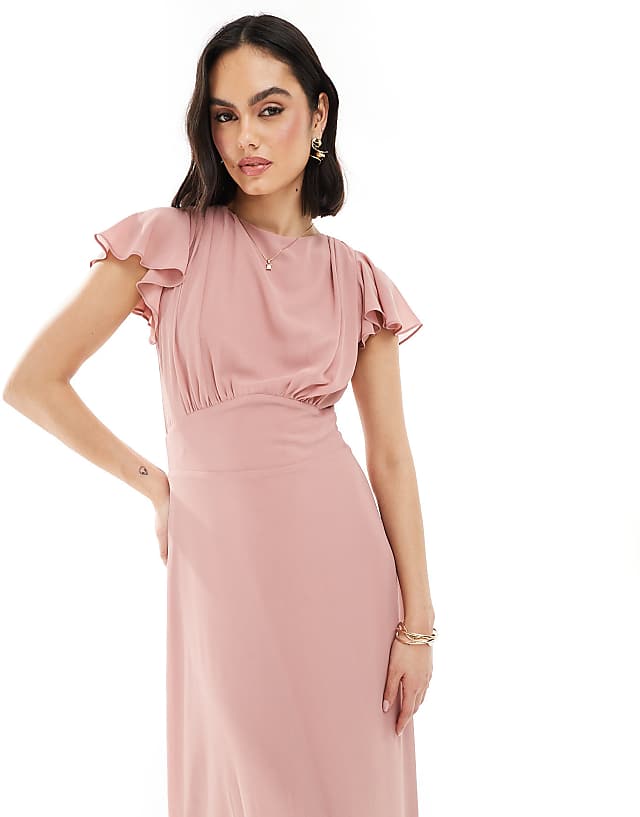 TFNC Bridesmaid Flutter Sleeve Cowl Back Chiffon Maxi Dress In Dusky Pink