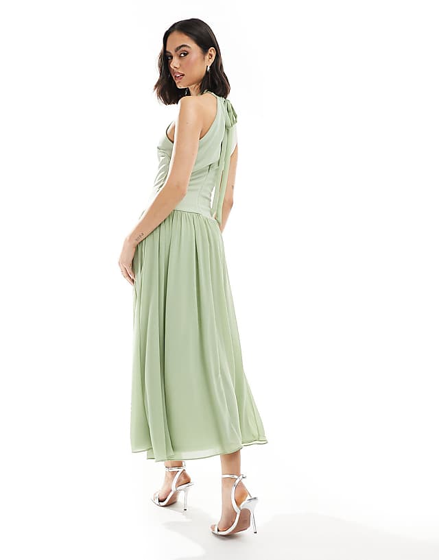 TFNC Bridesmaid High Neck Maxi Dress With Full Skirt In Sage Green