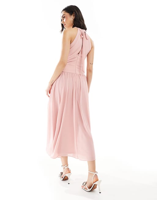 TFNC Bridesmaid High Neck Maxi Dress With Full Skirt In Dusky Pink