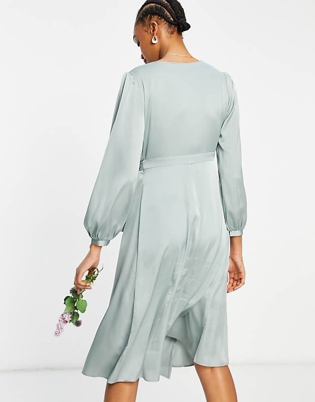 TFNC Bridesmaid Long Sleeve Wrap Front Sateen Midi Dress With Belt In Sage