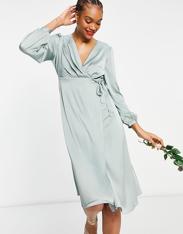 TFNC Bridesmaid Long Sleeve Wrap Front Sateen Midi Dress With Belt In Sage