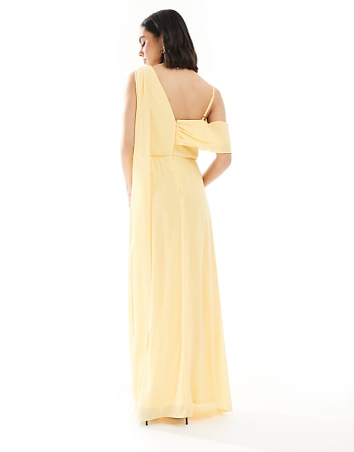 TFNC Bridesmaid One Shoulder Drape Maxi Dress With Wrap Skirt In Lemon