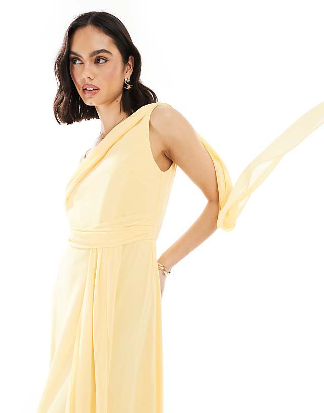 TFNC Bridesmaid One Shoulder Drape Maxi Dress With Wrap Skirt In Lemon