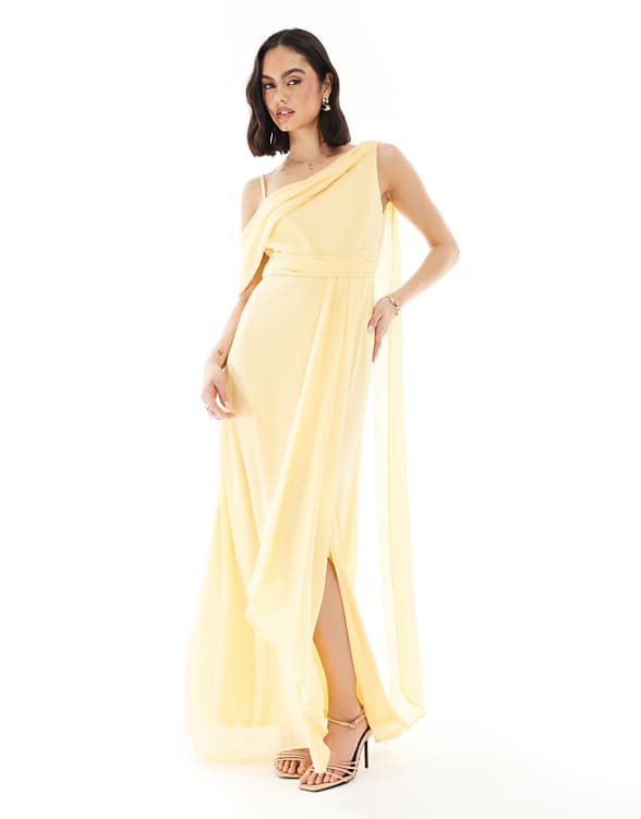 TFNC Bridesmaid one shoulder drape maxi dress with wrap skirt in lemon