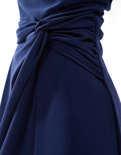 TFNC Bridesmaid One Shoulder Maxi Dress With Twist Front And Scarf Detail In Navy