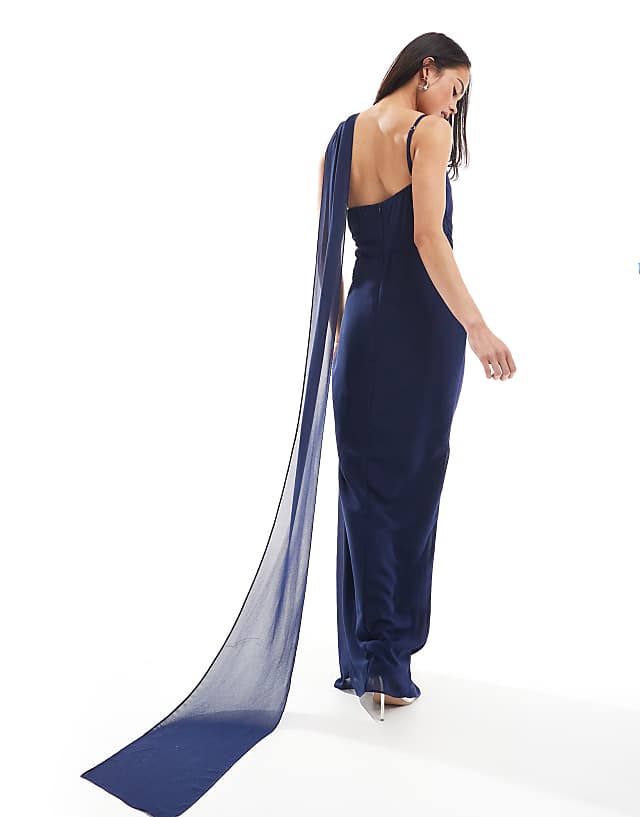 TFNC Bridesmaid One Shoulder Maxi Dress With Twist Front And Scarf Detail In Navy