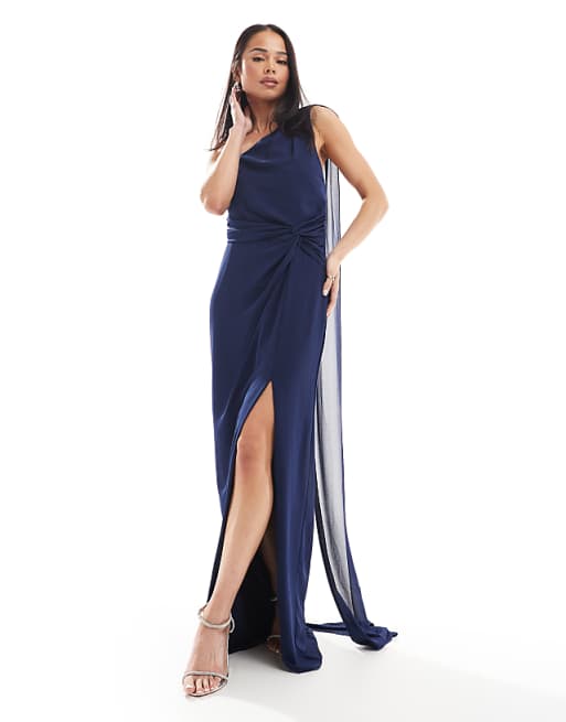 TFNC Bridesmaid One Shoulder Maxi Dress With Twist Front And Scarf Detail In Navy