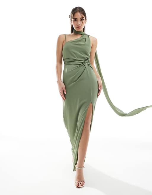 TFNC Bridesmaid one shoulder maxi dress with twist front and scarf detail in dark green
