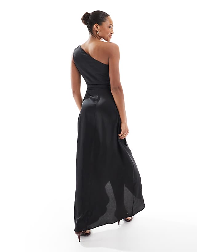 TFNC Bridesmaid One Shoulder Satin Maxi Dress In Black