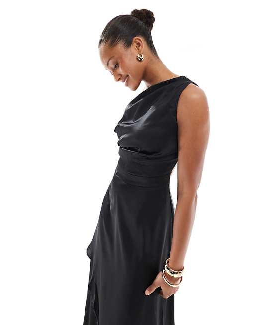 TFNC Bridesmaid One Shoulder Satin Maxi Dress In Black
