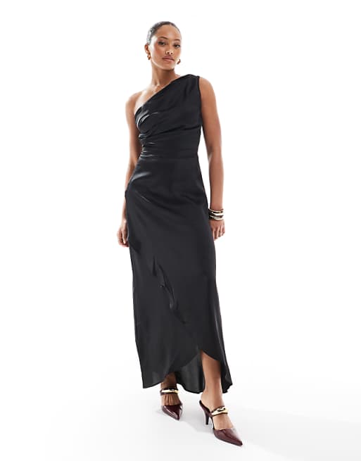 TFNC Bridesmaid One Shoulder Satin Maxi Dress In Black