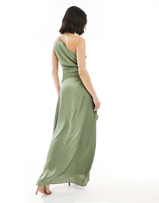 TFNC Bridesmaid One Shoulder Satin Maxi Dress With Wrap Skirt In Dark Green