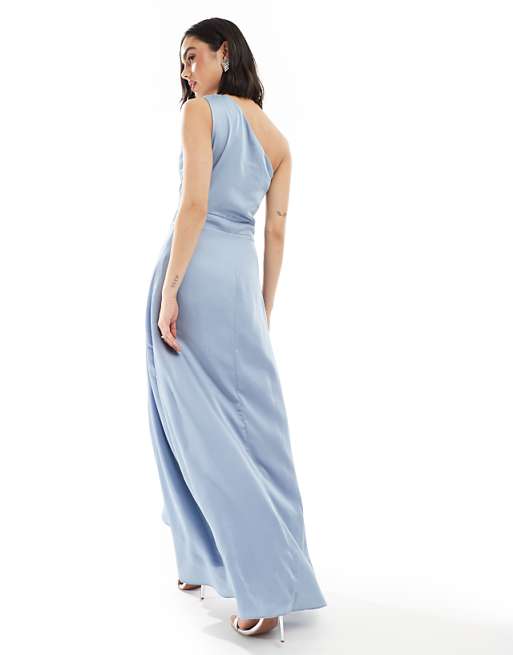 TFNC Bridesmaid One Shoulder Satin Maxi Dress With Wrap Skirt In Dusty Blue