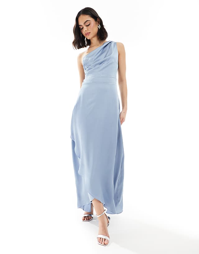 TFNC Bridesmaid one shoulder satin maxi dress with wrap skirt in dusty blue