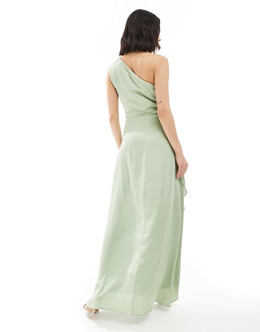 TFNC Bridesmaid One Shoulder Satin Maxi Dress With Wrap Skirt In Sage Green
