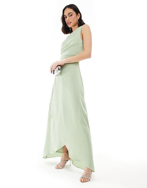 TFNC Bridesmaid one shoulder satin maxi dress with wrap skirt in sage green