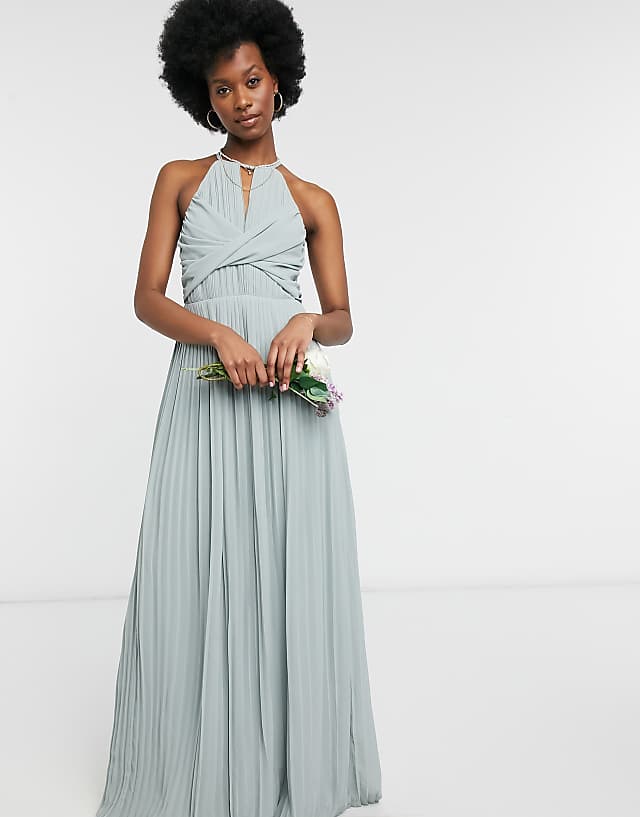TFNC Bridesmaid Pleated Wrap Detail Maxi Dress In Sage