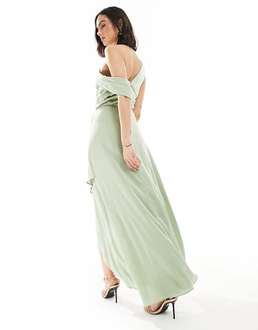 TFNC Bridesmaid Satin Fallen Shoulder Maxi Dress With Wrap Skirt In Sage