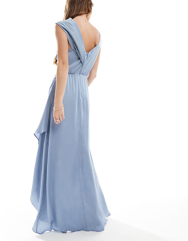 TFNC Bridesmaid Satin Fallen Shoulder Maxi Dress With Wrap Skirt In Dusty Blue