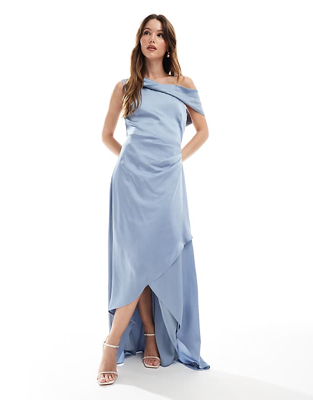TFNC Bridesmaid satin fallen shoulder maxi dress with wrap skirt in dusty blue